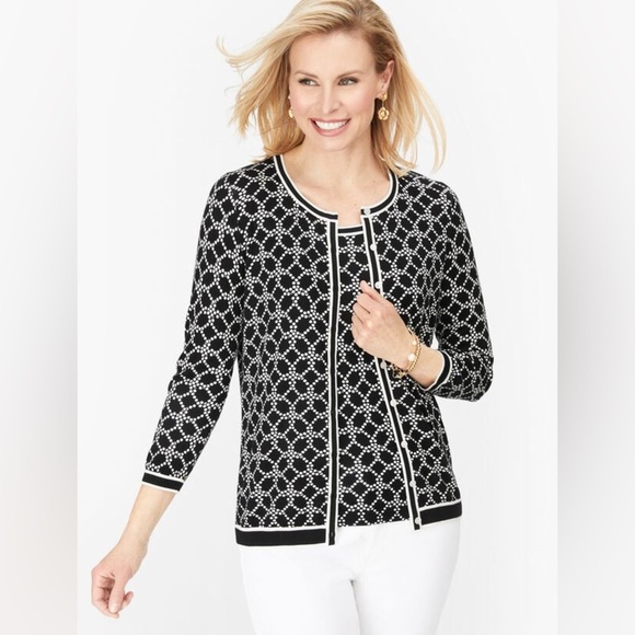 Talbots Charming Cardigan Geo Pearl Black White Button-up Light Sweater Sz Med - Picture 1 of 11